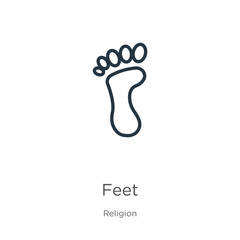 Feet icon. Thin linear feet outline icon isolated on white background from religion collection. Line vector feet sign, symbol for web and mobile