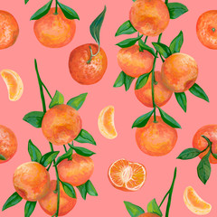 Hand drawn seamless pattern. Realistic botanical drawing with acrylic paint. Branch with tangerine fruit, whole, cut and slice of tangerines on pink background. Element for design, wallpaper, wrapping