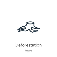 Deforestation icon. Thin linear deforestation outline icon isolated on white background from nature collection. Line vector deforestation sign, symbol for web and mobile