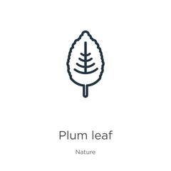 Plum leaf icon. Thin linear plum leaf outline icon isolated on white background from nature collection. Line vector plum leaf sign, symbol for web and mobile