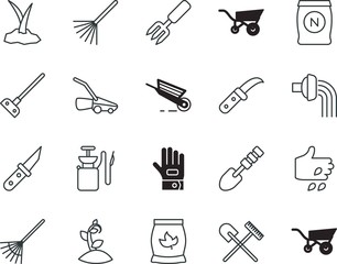 gardening vector icon set such as: irrigation, maintenance, trowel, clean, decoration, business, hose, clothing, earth, mowing, perfect, connect, yard, fabric, hoeing, closeup, finger, ornate, logo