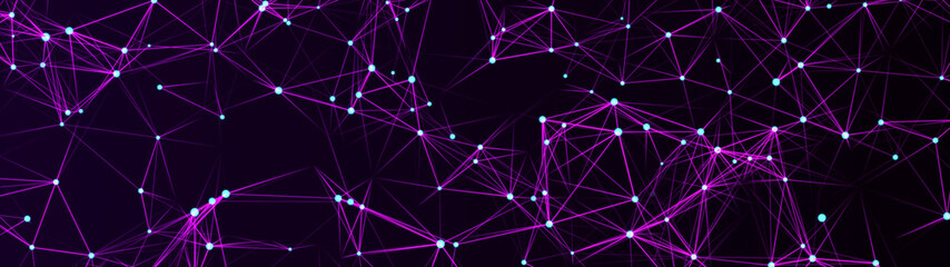 Digital plexus of glowing lines and dots. Abstract background. etwork. Widescreen illustration. 3D rendering.