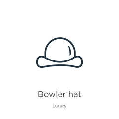 Bowler hat icon. Thin linear bowler hat outline icon isolated on white background from luxury collection. Line vector bowler hat sign, symbol for web and mobile