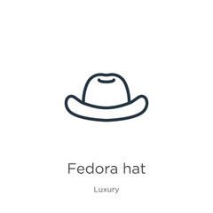 Fedora hat icon. Thin linear fedora hat outline icon isolated on white background from luxury collection. Line vector fedora hat sign, symbol for web and mobile