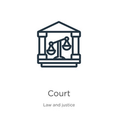 Court icon. Thin linear court outline icon isolated on white background from law and justice collection. Line vector court sign, symbol for web and mobile