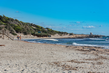 Ses Salines beach in the Ses Salinas National Park of Ibiza and Formentera, Spain.