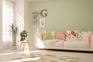 Obraz premium Stylish room in white color with sofa. Scandinavian interior design. 3D illustration