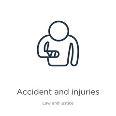 Accident and injuries icon. Thin linear accident and injuries outline icon isolated on white background from law and justice collection. Line vector accident and injuries sign, symbol for web and