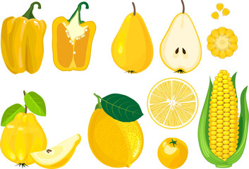 Big set of different yellow color fruits and vegetables isolated on white background
