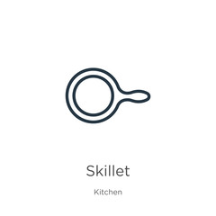 Skillet icon. Thin linear skillet outline icon isolated on white background from kitchen collection. Line vector skillet sign, symbol for web and mobile