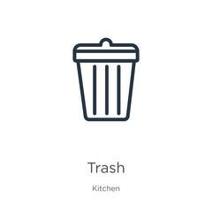 Trash icon. Thin linear trash outline icon isolated on white background from kitchen collection. Line vector trash sign, symbol for web and mobile