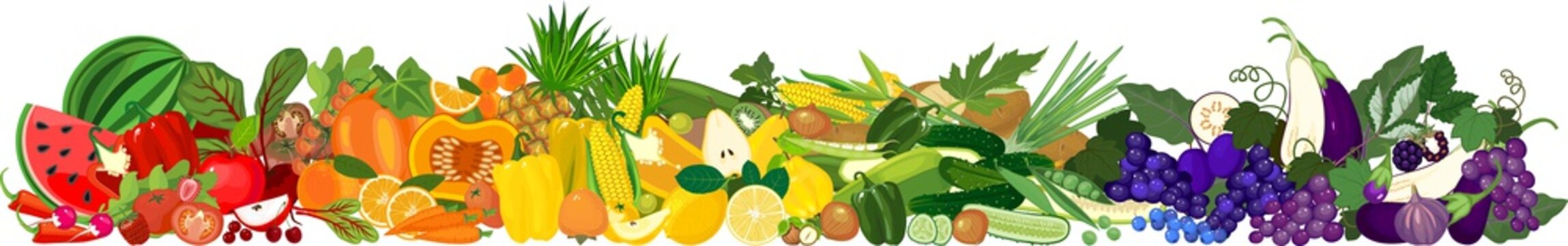 Big set of different ripe fruits and vegetables in all colors of rainbow. Vegetables and fruits border