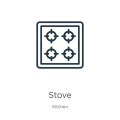 Stove icon. Thin linear stove outline icon isolated on white background from kitchen collection. Line vector stove sign, symbol for web and mobile