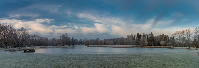 Bagr pond in Stromovka garden in frosty autumn morning