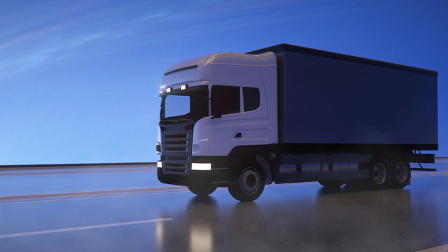 White cargo truck moving on highway. 3D illustration