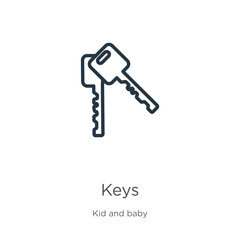 Keys icon. Thin linear keys outline icon isolated on white background from kid and baby collection. Line vector keys sign, symbol for web and mobile