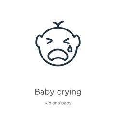 Baby crying icon. Thin linear baby crying outline icon isolated on white background from kid and baby collection. Line vector baby crying sign, symbol for web and mobile
