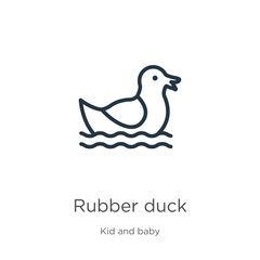 Rubber duck icon. Thin linear rubber duck outline icon isolated on white background from kid and baby collection. Line vector rubber duck sign, symbol for web and mobile