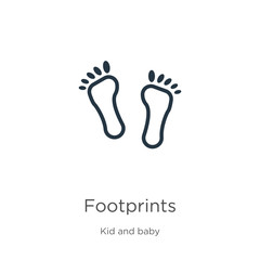 Footprints icon. Thin linear footprints outline icon isolated on white background from kid and baby collection. Line vector footprints sign, symbol for web and mobile