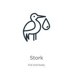 Stork icon. Thin linear stork outline icon isolated on white background from kid and baby collection. Line vector stork sign, symbol for web and mobile