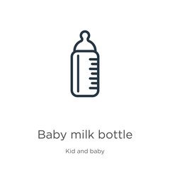 Baby milk bottle icon. Thin linear baby milk bottle outline icon isolated on white background from kid and baby collection. Line vector baby milk bottle sign, symbol for web and mobile