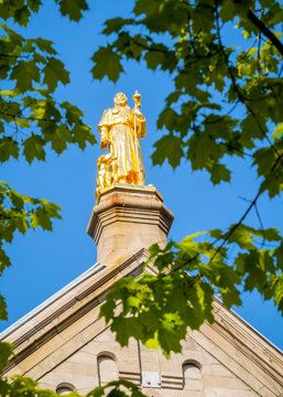 Statue of Saint Roch and his dog at the Saint-Roch Church in Quebec City, Quebec, Canada 