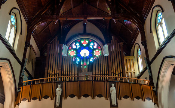 Beautiful stained glass in the historic church in Moncton, New Brunswick, Canada 