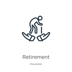 Retirement icon. Thin linear retirement outline icon isolated on white background from insurance collection. Line vector retirement sign, symbol for web and mobile