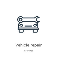 Vehicle repair icon. Thin linear vehicle repair outline icon isolated on white background from insurance collection. Line vector vehicle repair sign, symbol for web and mobile