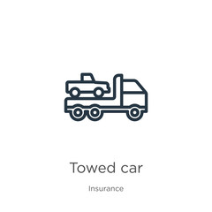 Towed car icon. Thin linear towed car outline icon isolated on white background from insurance collection. Line vector towed car sign, symbol for web and mobile