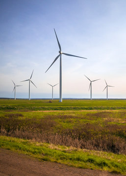 Wind turbines along the highway from a wind farm in the east of Amherst, Nova Scotia, Canada 