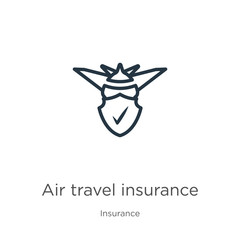 Air travel insurance icon. Thin linear air travel insurance outline icon isolated on white background from insurance collection. Line vector air travel insurance sign, symbol for web and mobile