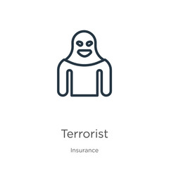 Terrorist icon. Thin linear terrorist outline icon isolated on white background from insurance collection. Line vector terrorist sign, symbol for web and mobile