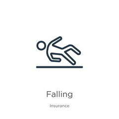 Falling icon. Thin linear falling outline icon isolated on white background from insurance collection. Line vector falling sign, symbol for web and mobile