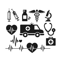 Medical black vector icon set. Medicine symbols, syringe, ambulans, stethoscope set. © Tsvetina