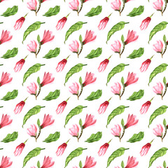 watercolor illustration. hand drawing. seamless pattern. Magnolia, Magnolia leaves, Magnolia Bud.