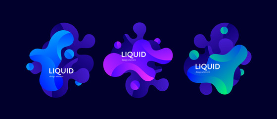 Fluid abstract banner template illustration. Set of modern wavy liquid shapes isolated on black background. Neon wave memphis concept. Design element for poster, backdrop, web, sale, print.