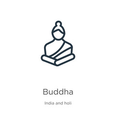 Buddha icon. Thin linear buddha outline icon isolated on white background from india and holi collection. Line vector buddha sign, symbol for web and mobile