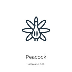 Peacock icon. Thin linear peacock outline icon isolated on white background from india and holi collection. Line vector peacock sign, symbol for web and mobile