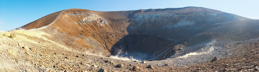 close panoramic view of the sulfurous huge vulcano crater, aeolian islands, italy