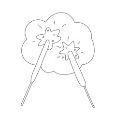 Bengal lights, sparkling firework sticks. Simple line art drawing, vector isolated illustration, christmas and new year symbol, black and white outline doodle.