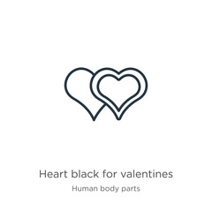 Heart black for valentines icon. Thin linear heart black for valentines outline icon isolated on white background from human body parts collection. Line vector heart black for valentines sign, symbol