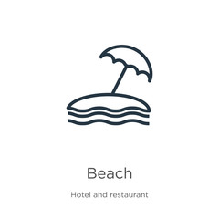 Beach icon. Thin linear beach outline icon isolated on white background from hotel collection. Line vector beach sign, symbol for web and mobile