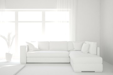 Mock up of stylish room in white color with sofa. Scandinavian interior design. 3D illustration