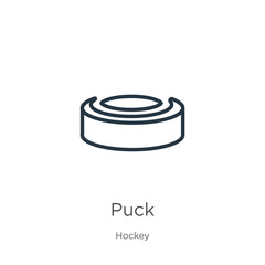 Puck icon. Thin linear puck outline icon isolated on white background from hockey collection. Line vector puck sign, symbol for web and mobile