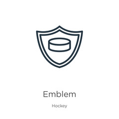 Emblem icon. Thin linear emblem outline icon isolated on white background from hockey collection. Line vector emblem sign, symbol for web and mobile