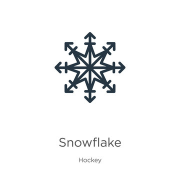 Snowflake icon. Thin linear snowflake outline icon isolated on white background from hockey collection. Line vector snowflake sign, symbol for web and mobile