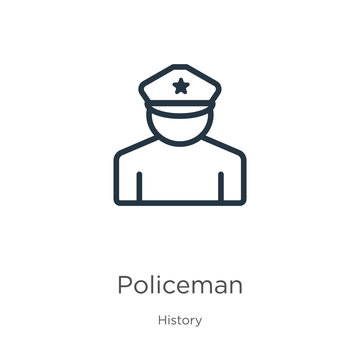 Policeman icon. Thin linear policeman outline icon isolated on white background from history collection. Line vector policeman sign, symbol for web and mobile