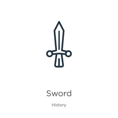 Sword icon. Thin linear sword outline icon isolated on white background from history collection. Line vector sword sign, symbol for web and mobile