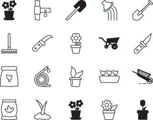 gardening vector icon set such as: field, device, harrow, lifestyle, fresh, rake, ecological, safety, circuit, digital, processor, tube, activity, sapling, emergency, group, computer, sprinkler